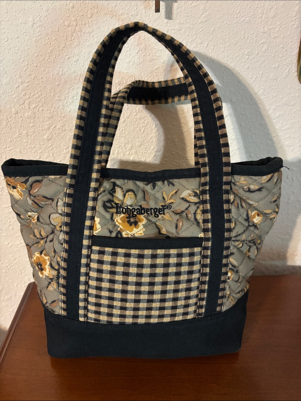 Longaberger Quilted Floral & Gingham Tote in Gray, Black and Yellow